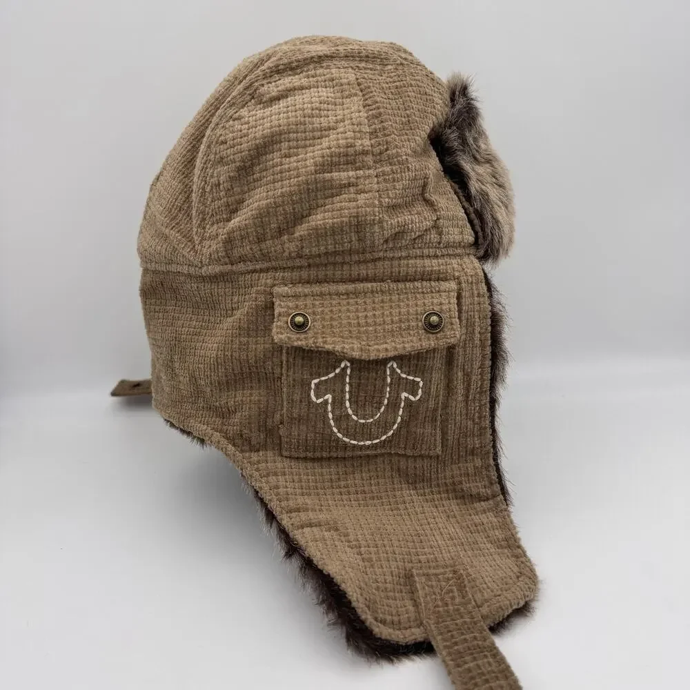 True Religion Trapper Hat Y2K Faux Fur Ear Flap Mens Brown Corduroy Winter Fall